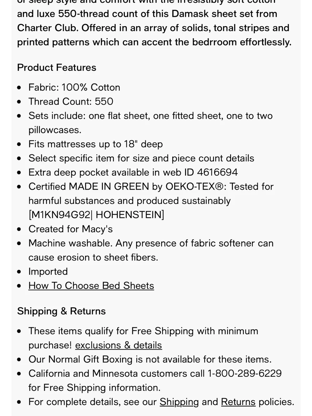 Charter Club 100% Cotton Damask Silver Full Size Sheet Set - Retail $120
